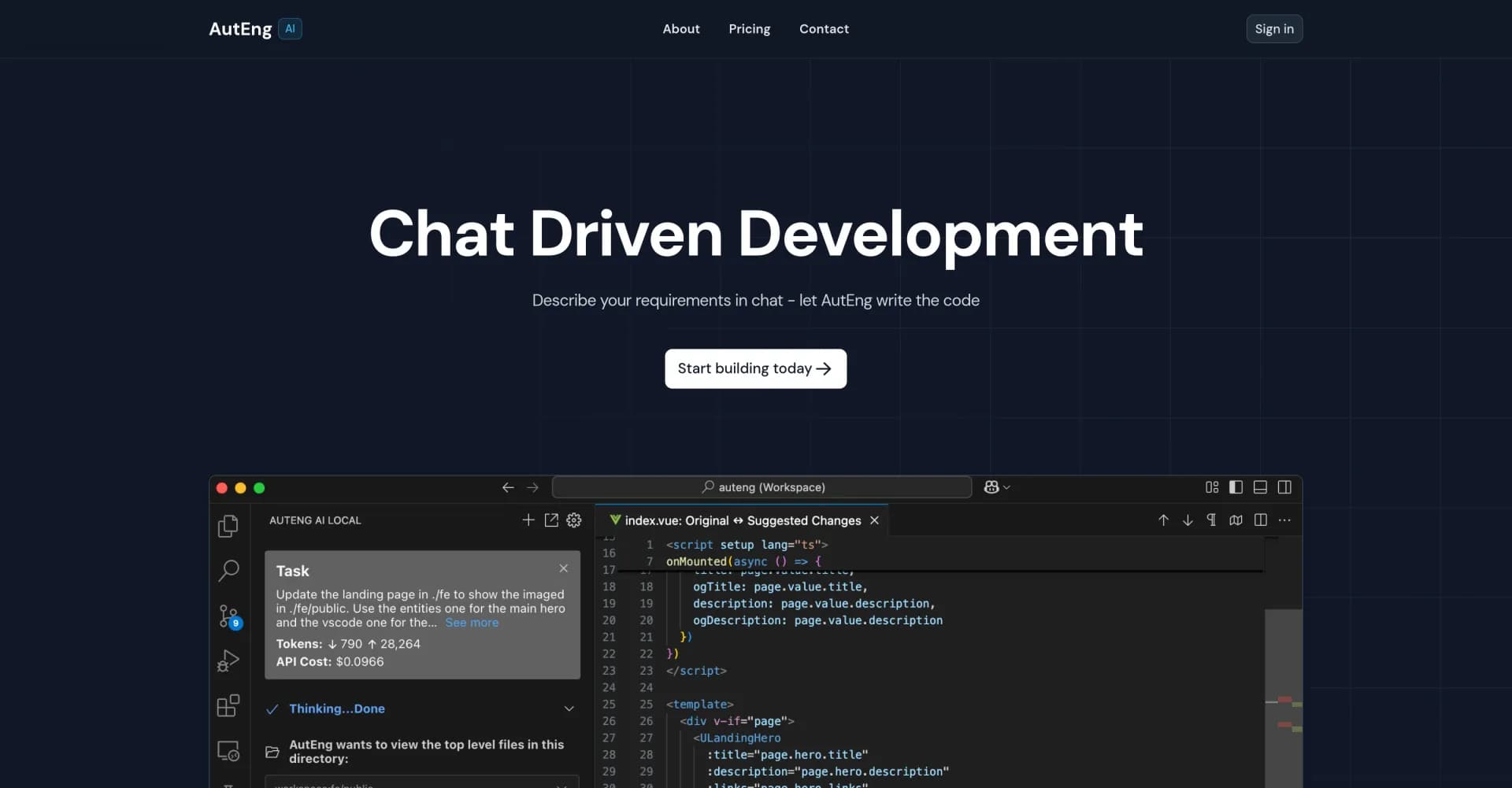 AutEng AI homepage screenshot — Chat about your code—AutEng writes it for you