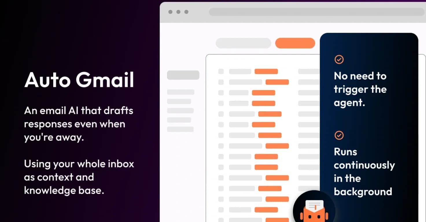 Auto Gmail homepage screenshot — AI learns from you and drafts answers to all your emails