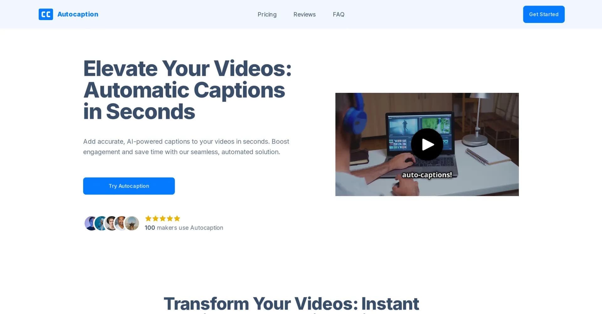Autocaption homepage screenshot — AI-powered instant captions for your videos.