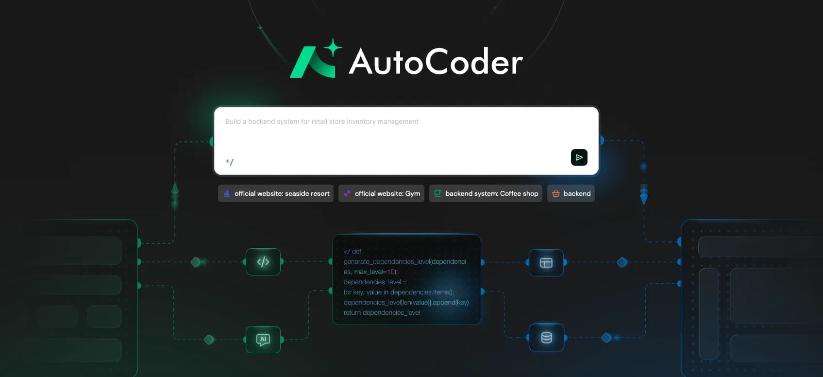Autocoder.ccv1.1.2 homepage screenshot — All-in-One Code Automation: Ul. Backend. Database & More