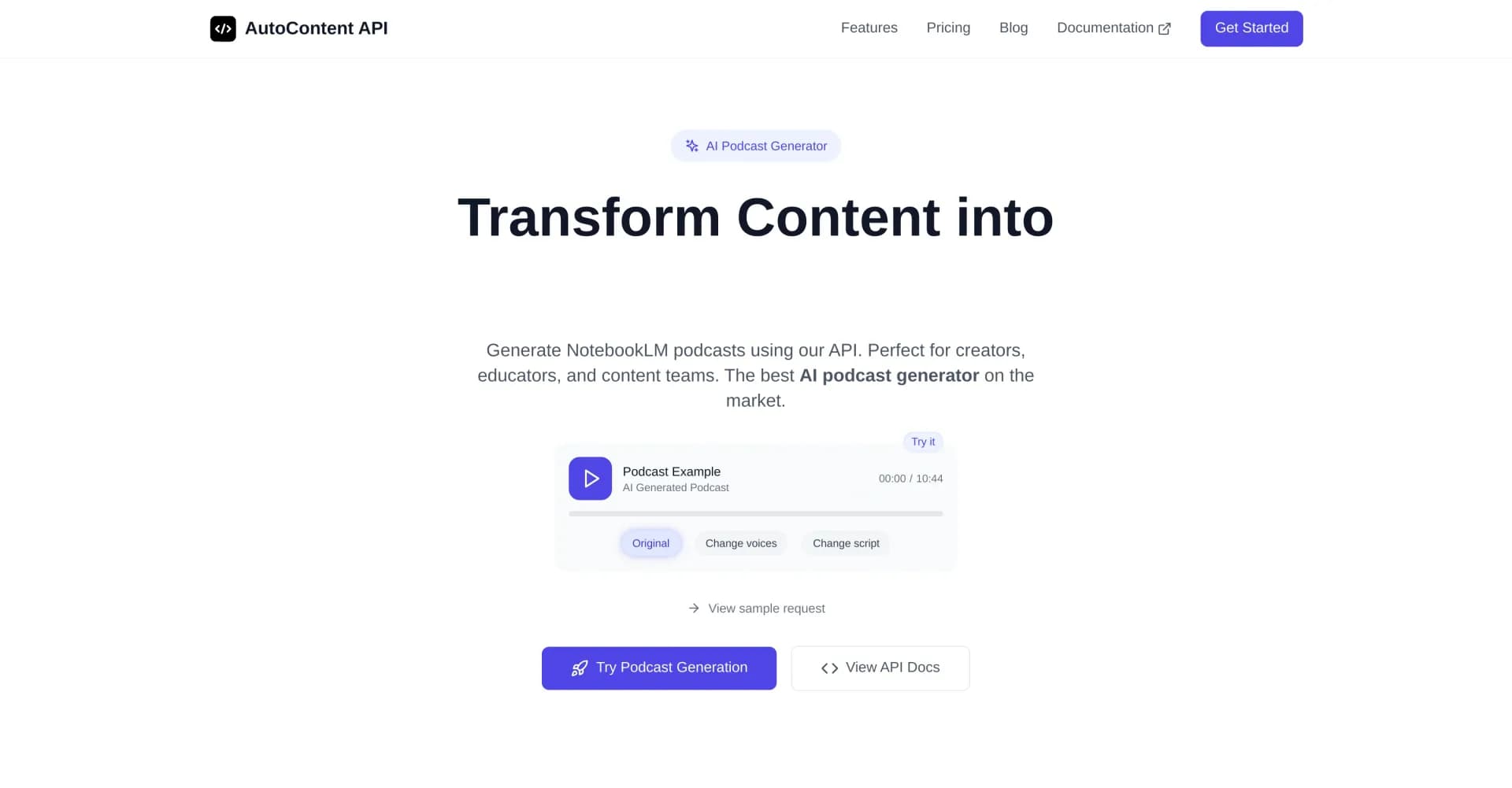 AutoContent API homepage screenshot — API for AI-powered podcast generation