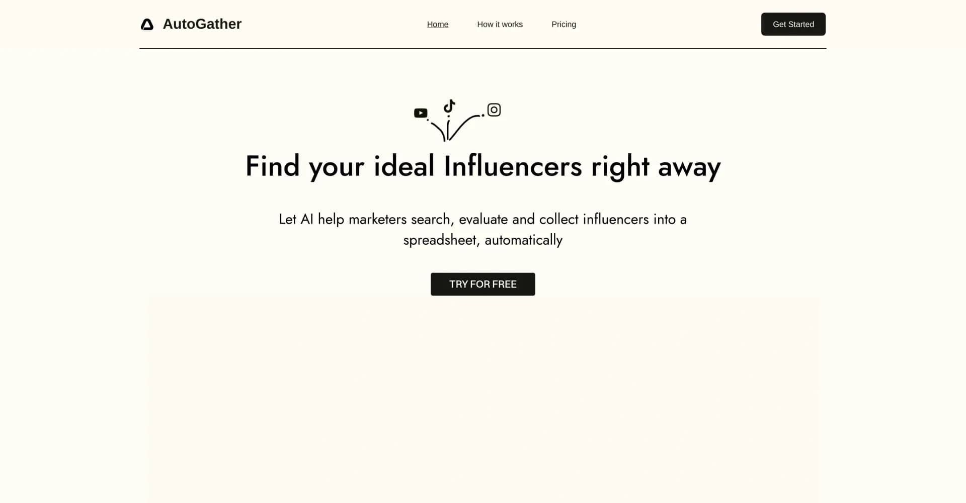 AutoGather homepage screenshot — AI-powered influencer search across social platforms