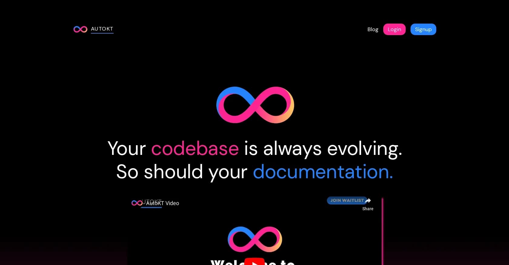 AutoKT homepage screenshot — Code documentation generation for developers.