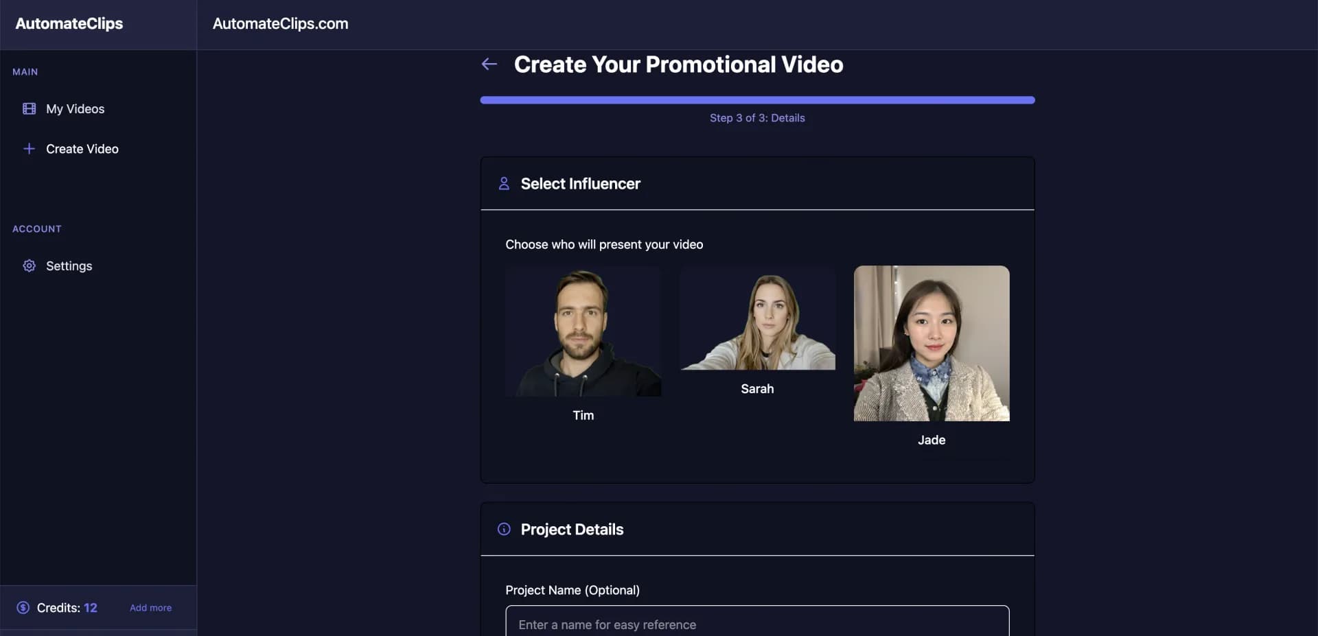 AutomateClips homepage screenshot — Generate AI videos for social media growth