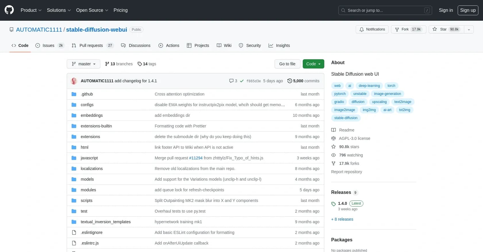 AUTOMATIC1111 homepage screenshot — Web UI for Stable Diffusion image generation