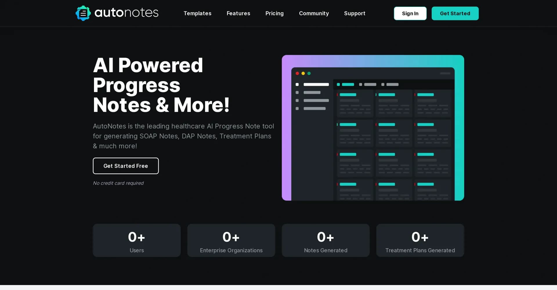 AutoNotes homepage screenshot — AI-powered progress notes for therapy professionals.