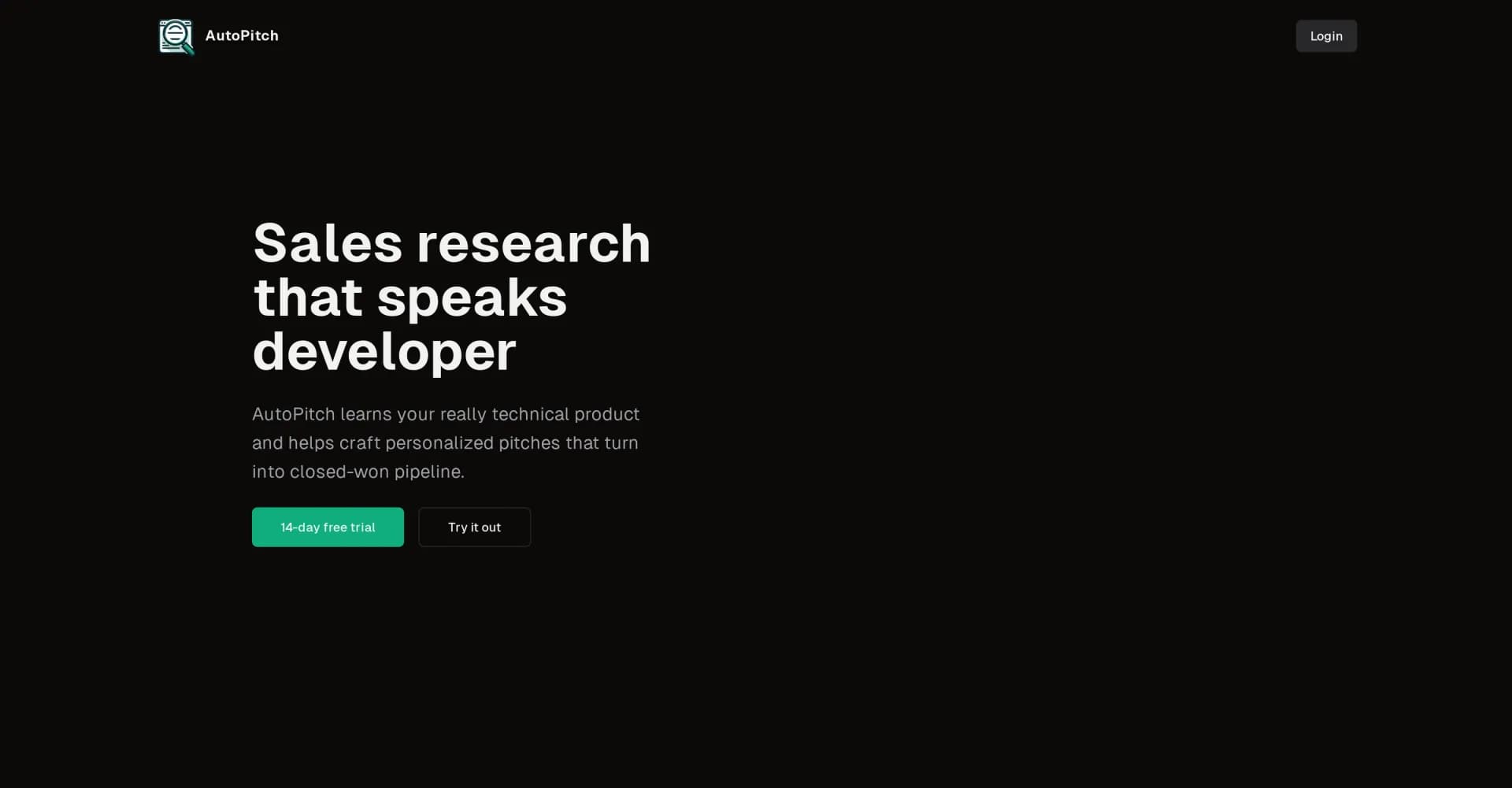 AutoPitch homepage screenshot — AI writes technical outbound messages in seconds.
