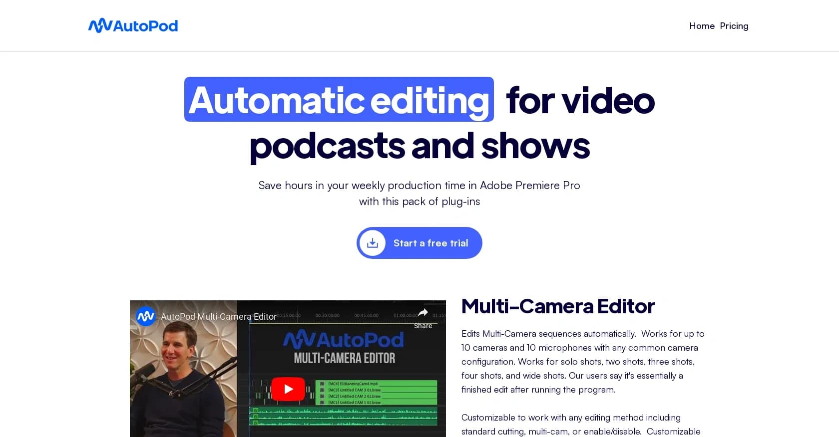 AutoPod homepage screenshot — Automate video podcast editing in Premiere Pro