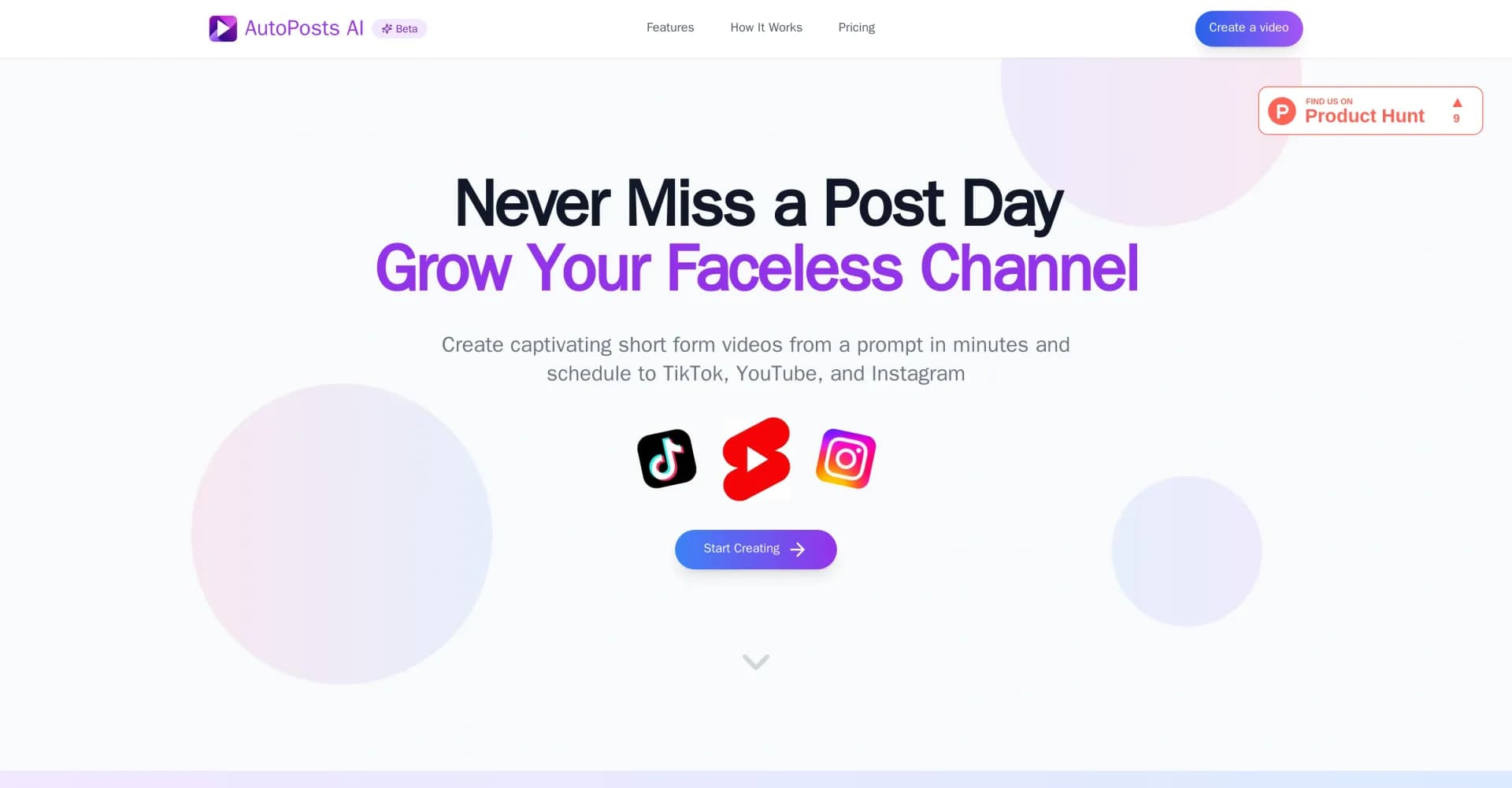 AutoPosts AI homepage screenshot — Create captivating short-form videos in minutes