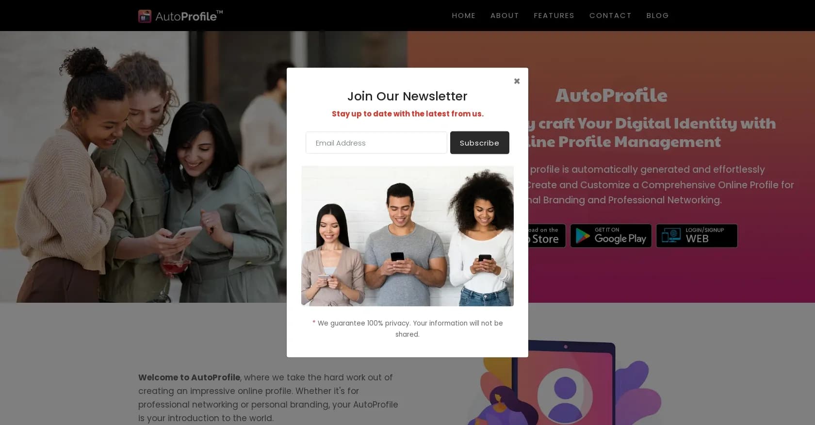 AutoProfile homepage screenshot — Craft your digital identity effortlessly.
