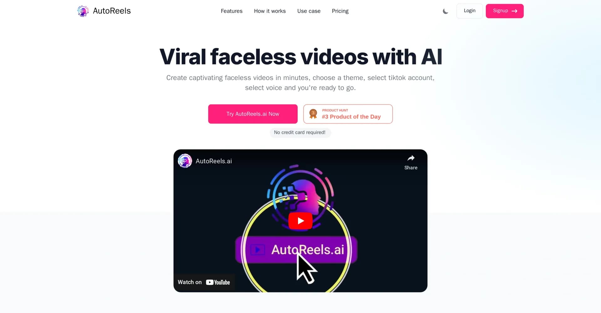 AutoReels homepage screenshot — Create captivating faceless videos in minutes with AI.