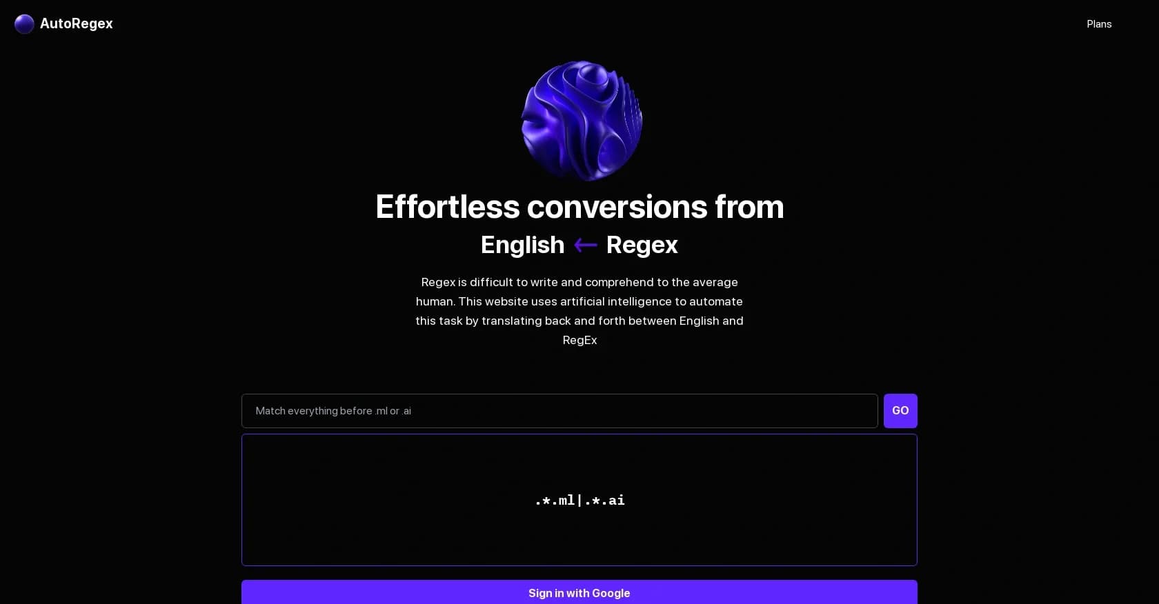 AutoRegex homepage screenshot — Convert English to RegEx instantly with AI