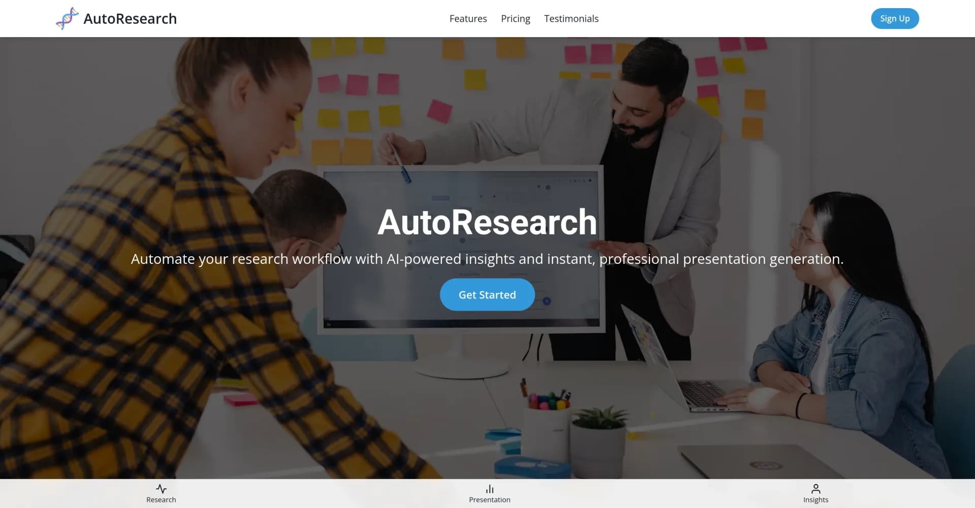 AutoResearch.pro homepage screenshot — AI-powered insights to instant presentations.