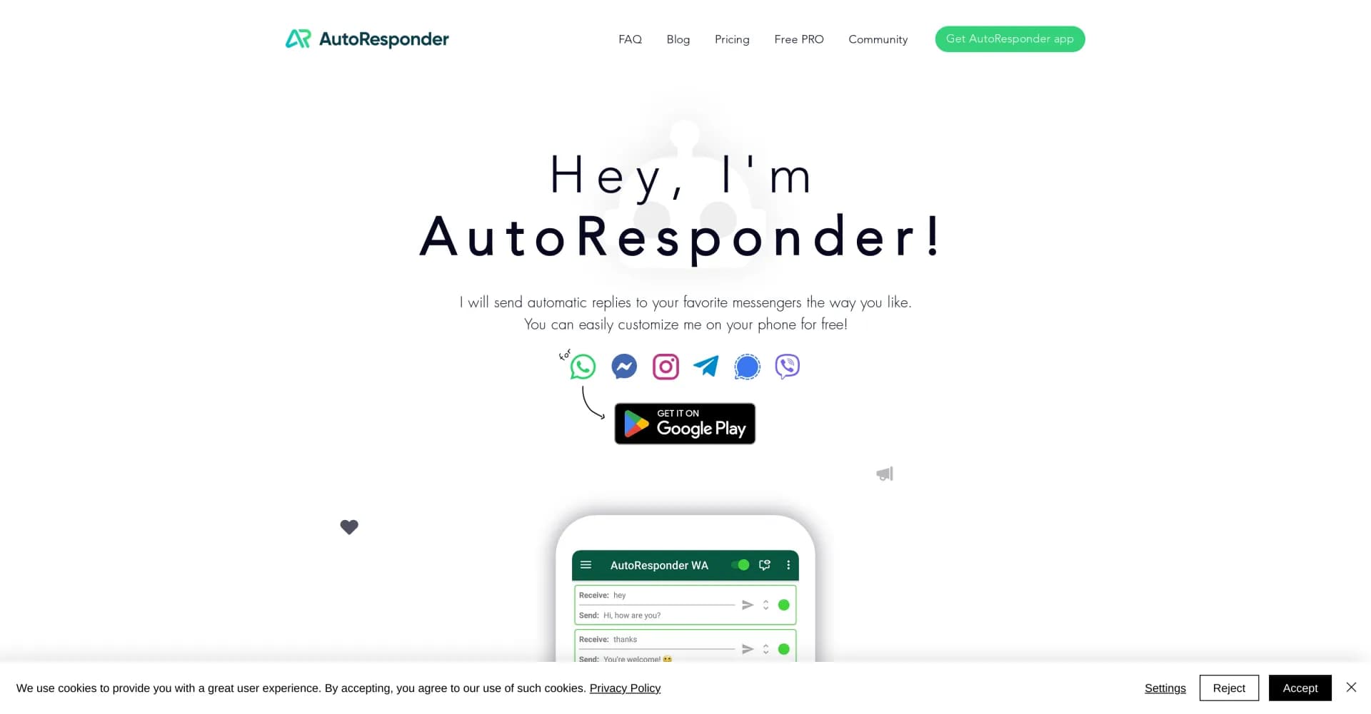 AutoResponder homepage screenshot — Auto-reply to messages across popular platforms