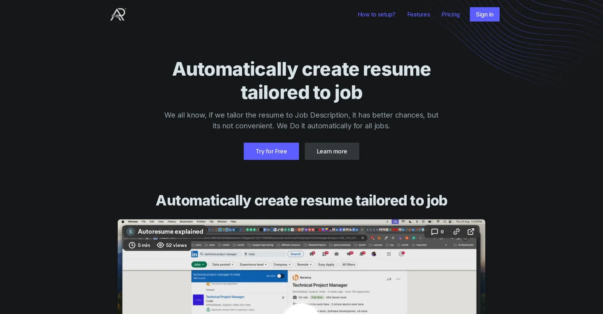 AutoResume homepage screenshot — Create tailored resumes automatically with AI