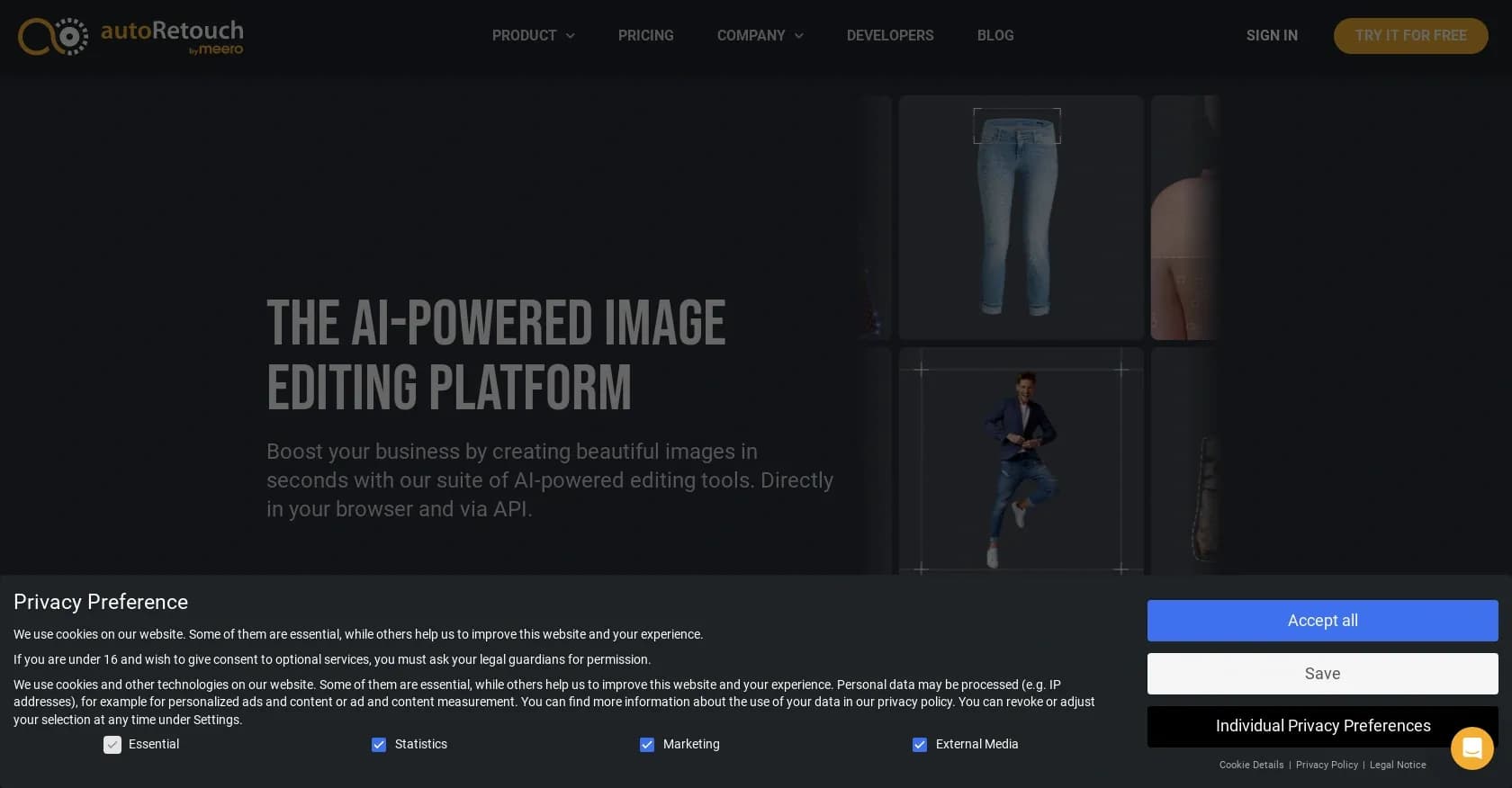 autoRetouch homepage screenshot — AI-powered bulk image editing for e-commerce