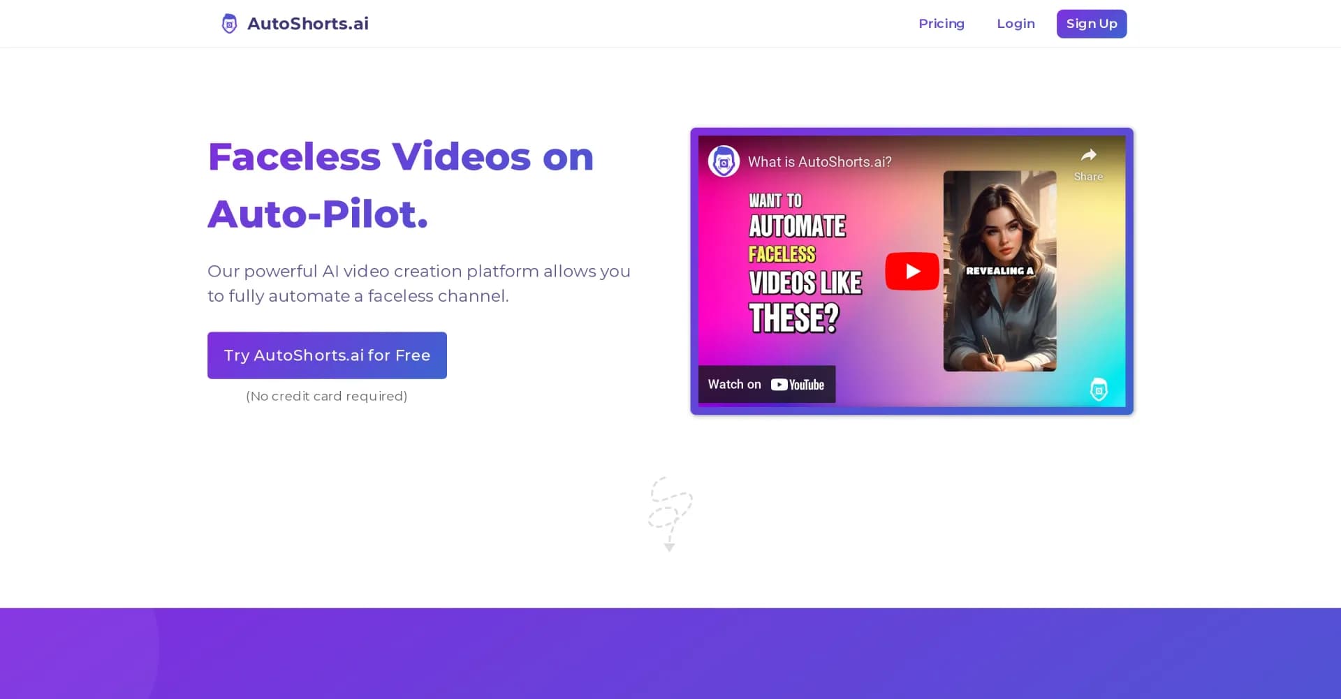 AutoShorts.ai homepage screenshot — Automate Faceless Videos with a Single Click