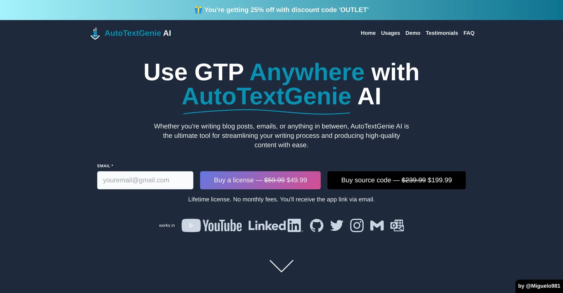 AutoTextGenie AI homepage screenshot — Generate AI-powered text anywhere online