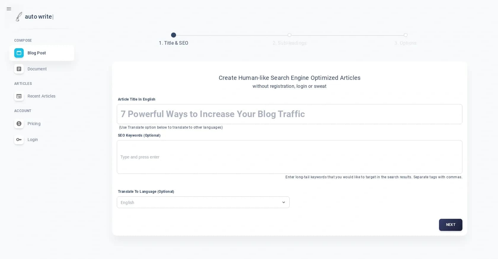 Autowrite App homepage screenshot — SEO content generation for blogs and web pages.