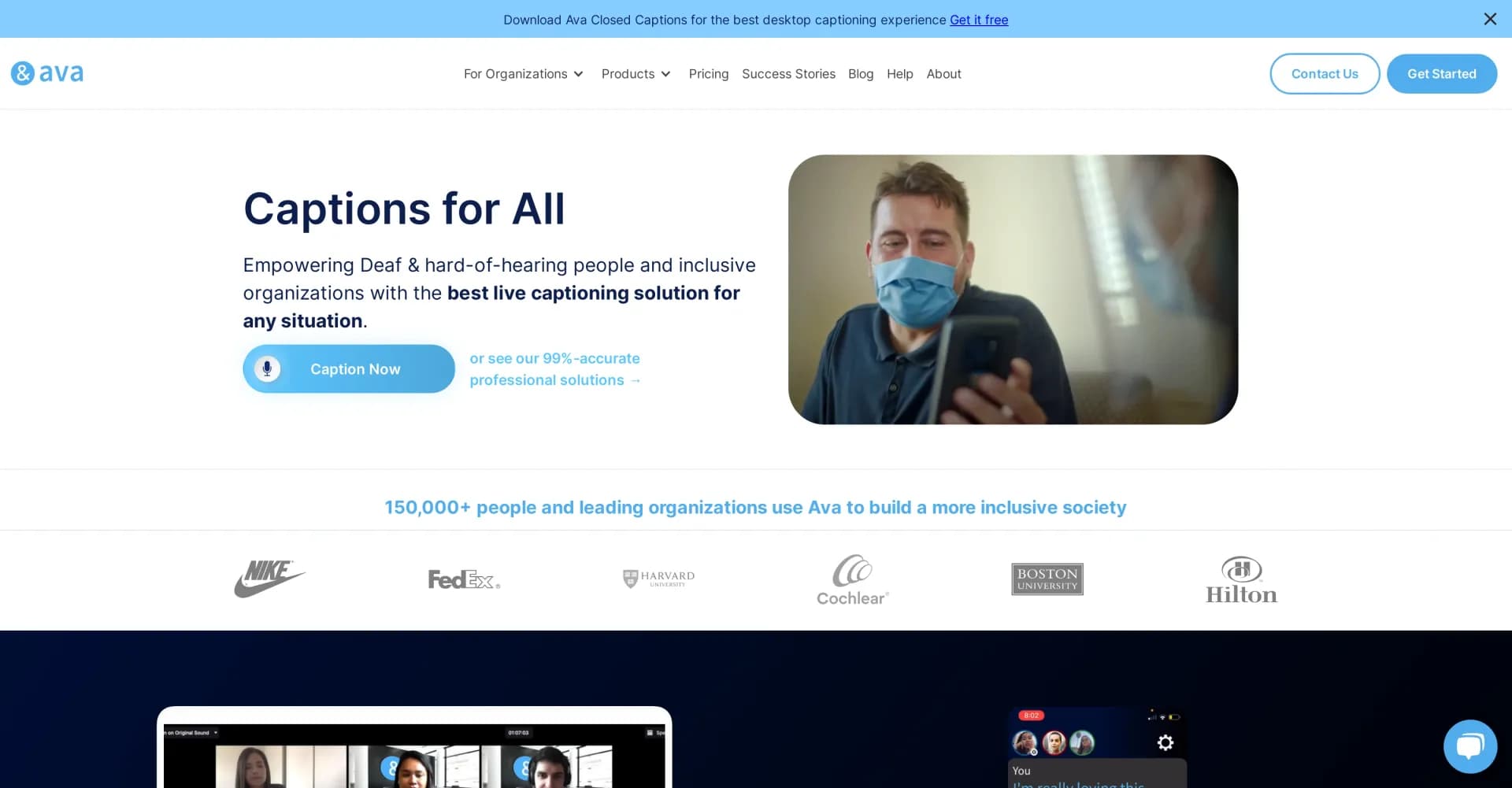 Ava homepage screenshot — Live captions for any conversation, anytime.