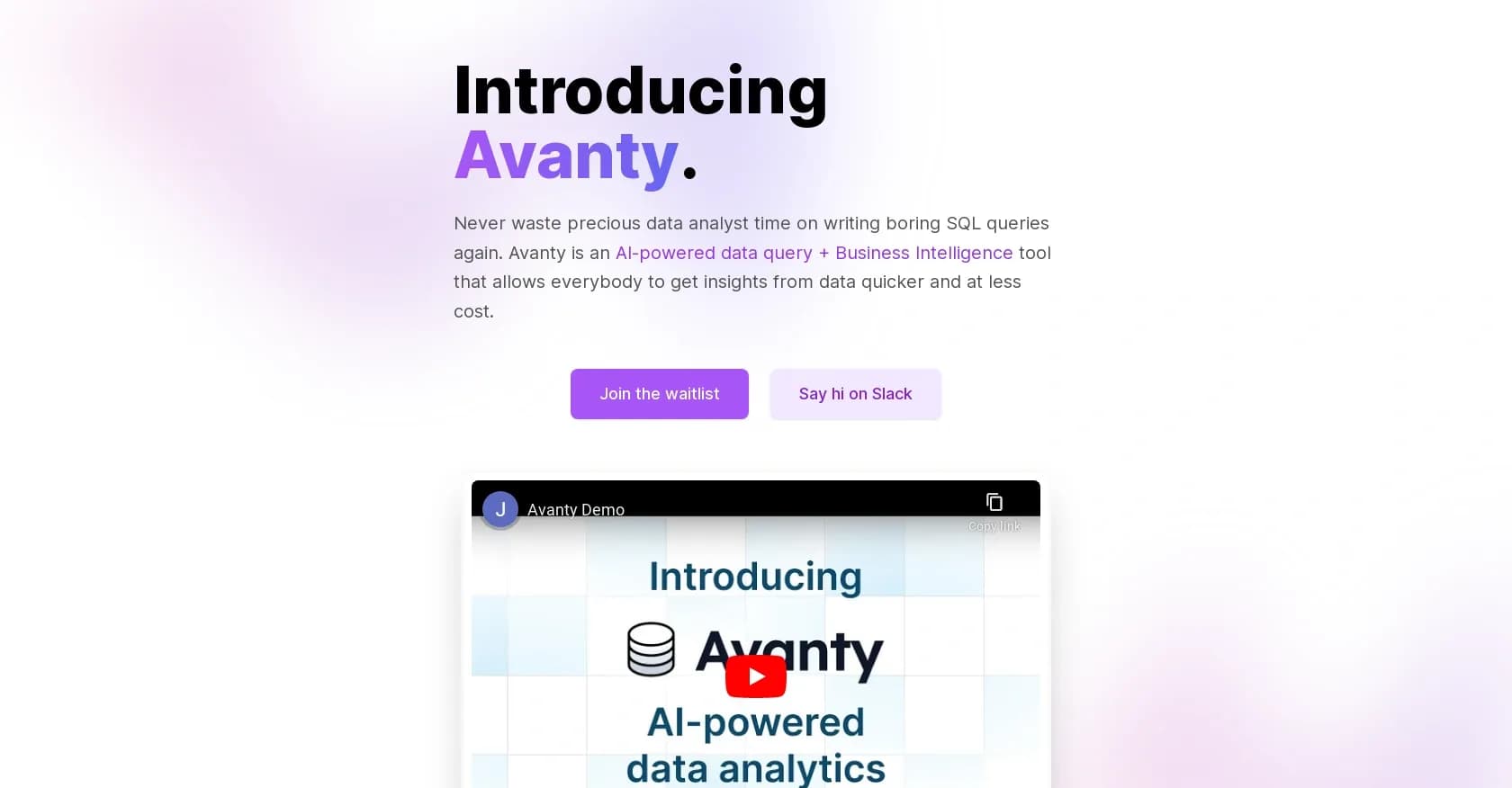 Avanty homepage screenshot — AI-powered BI tool for instant data insights.