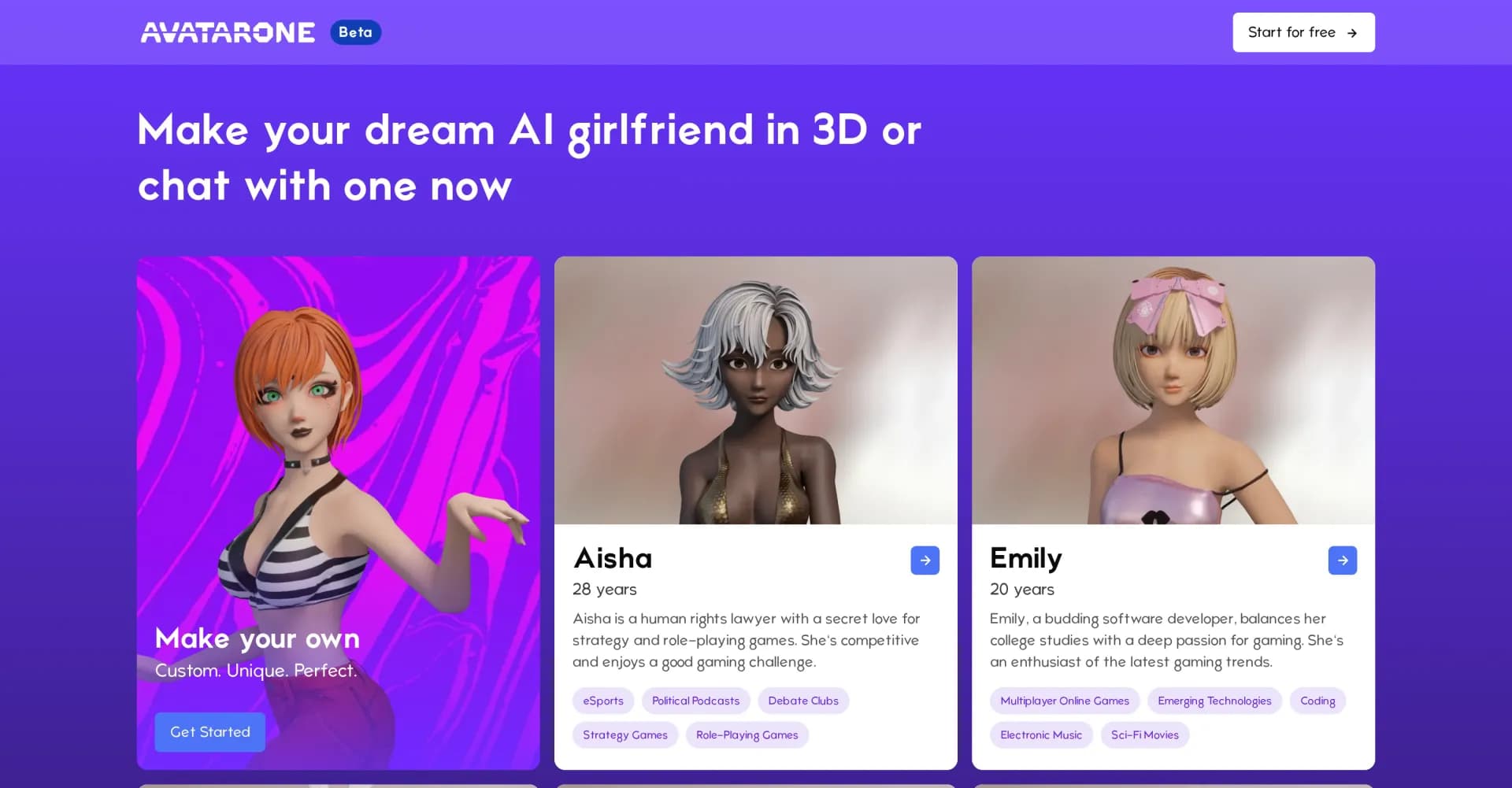 Avatar One homepage screenshot — Create your dream AI girlfriend in 3D.