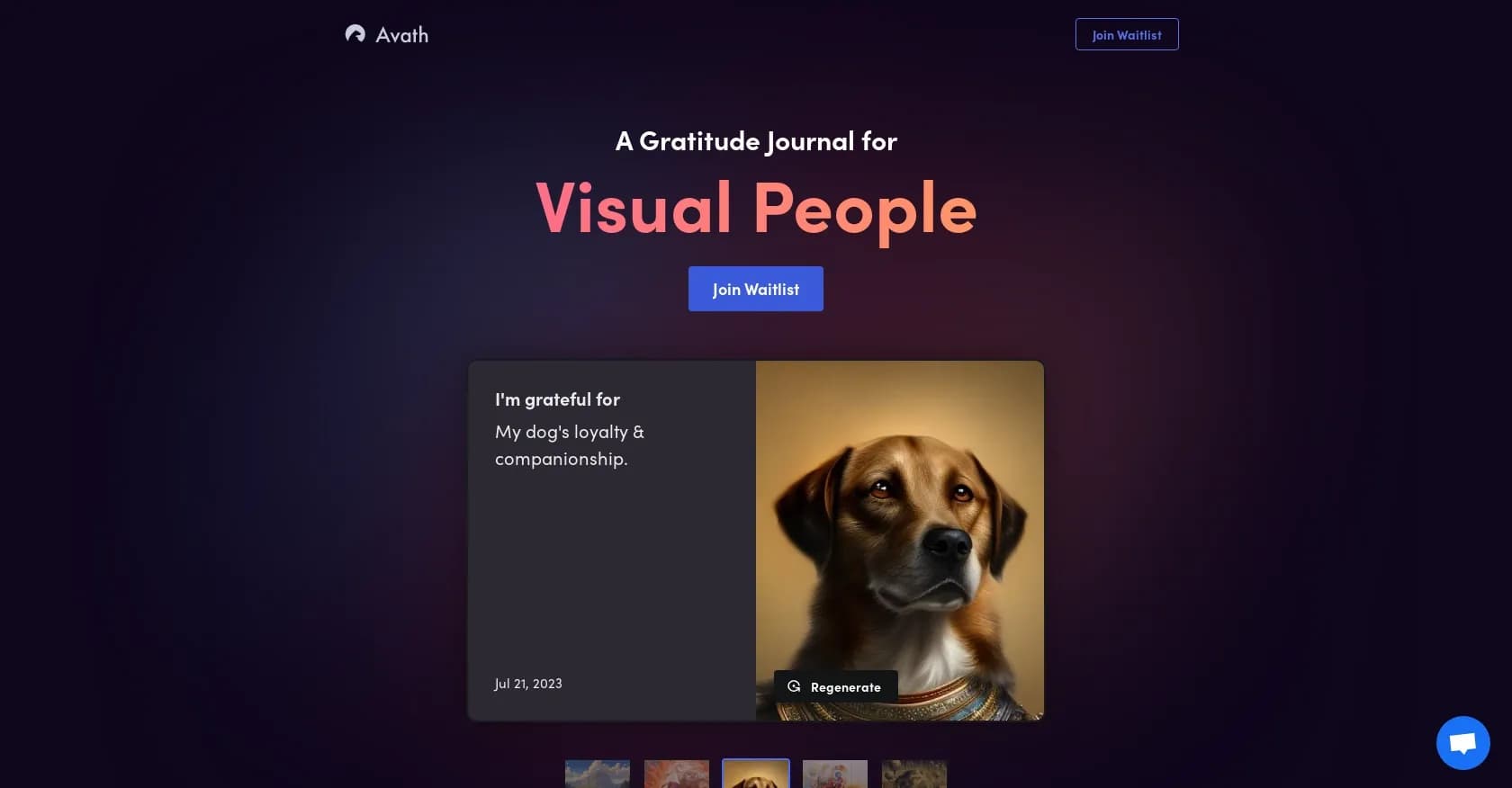 Avath homepage screenshot — Visualize your gratitude with AI-generated art