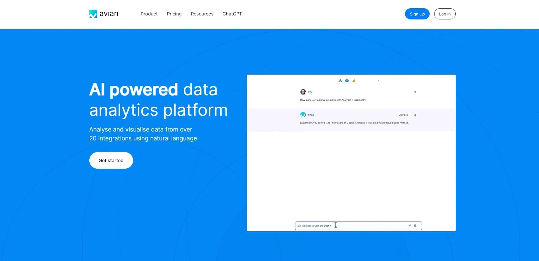 Avian homepage screenshot — Business data analytics platform.