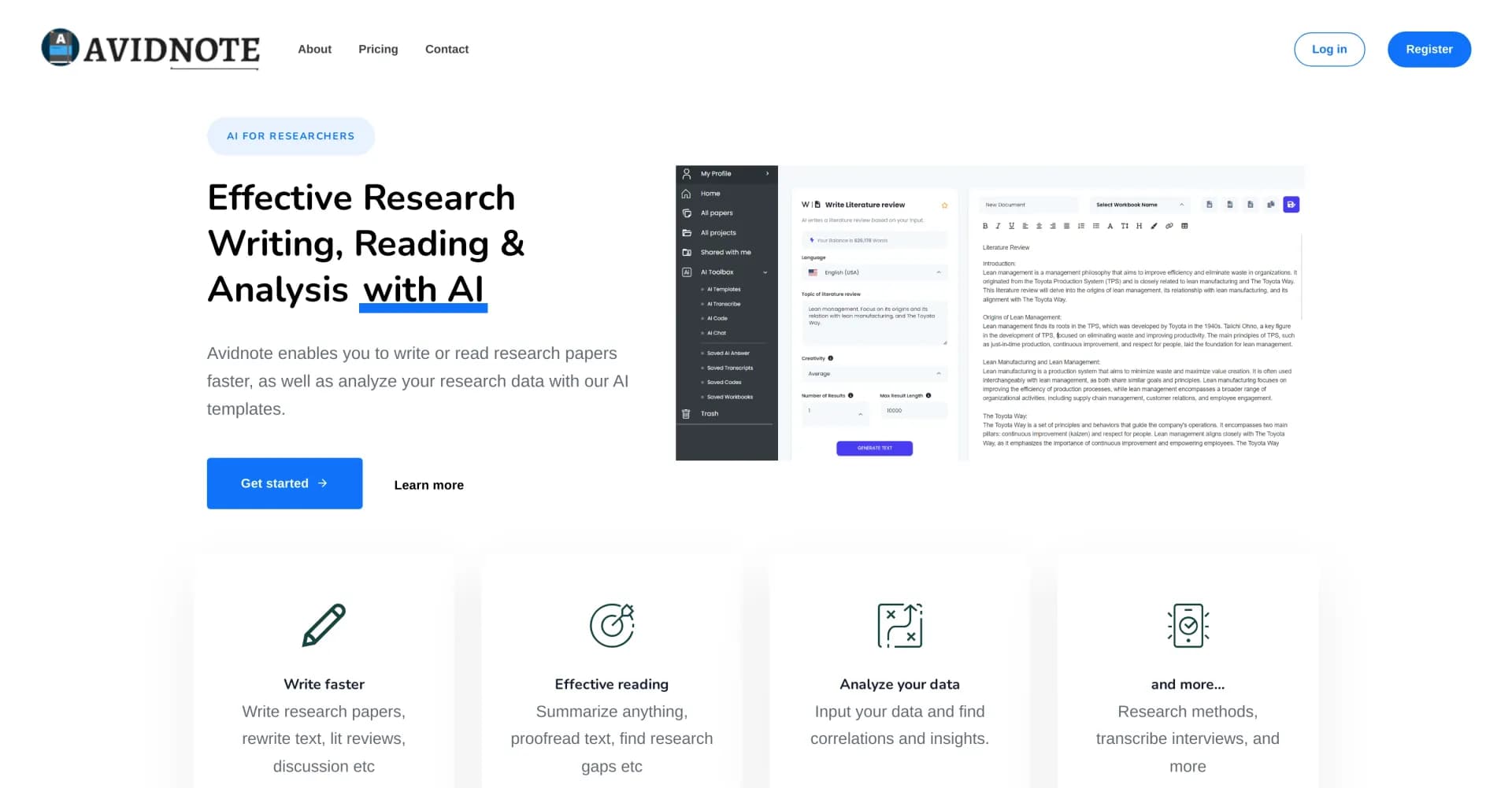 Avidnote homepage screenshot — AI-powered research writing, reading, and analysis.