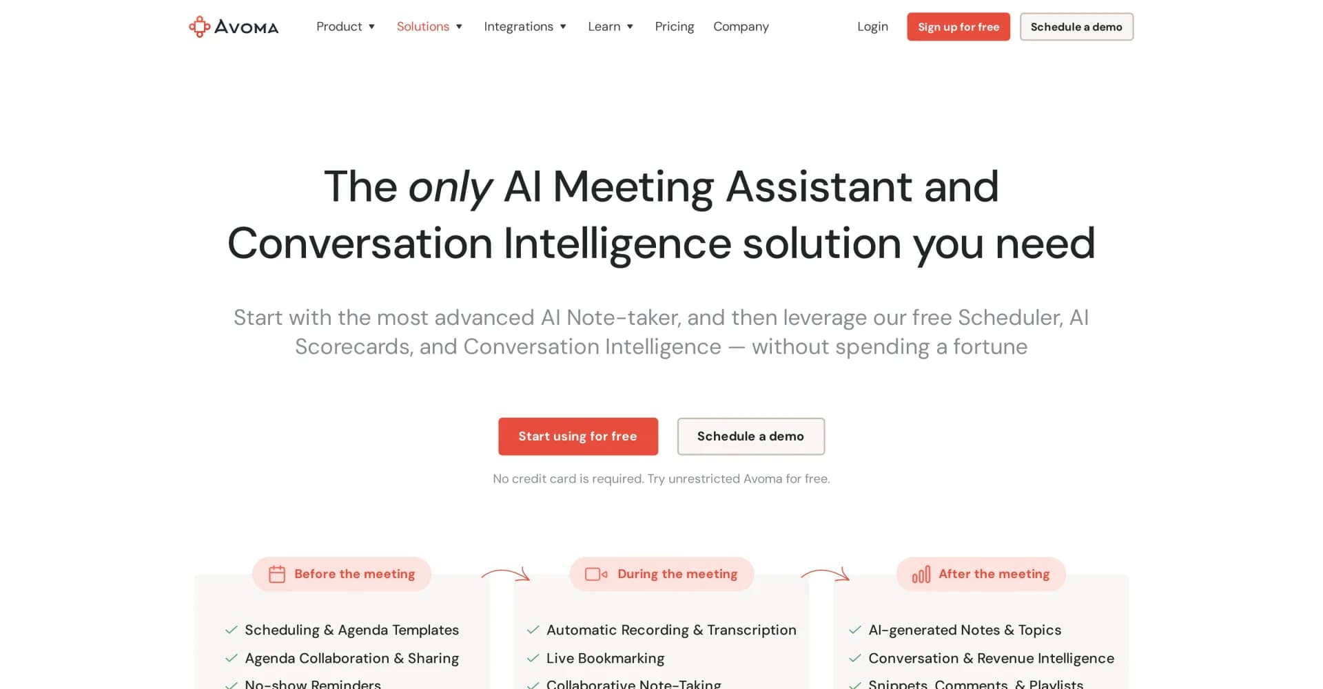 Avoma homepage screenshot — AI Meeting Assistant: Transcribe, summarize, and analyze con