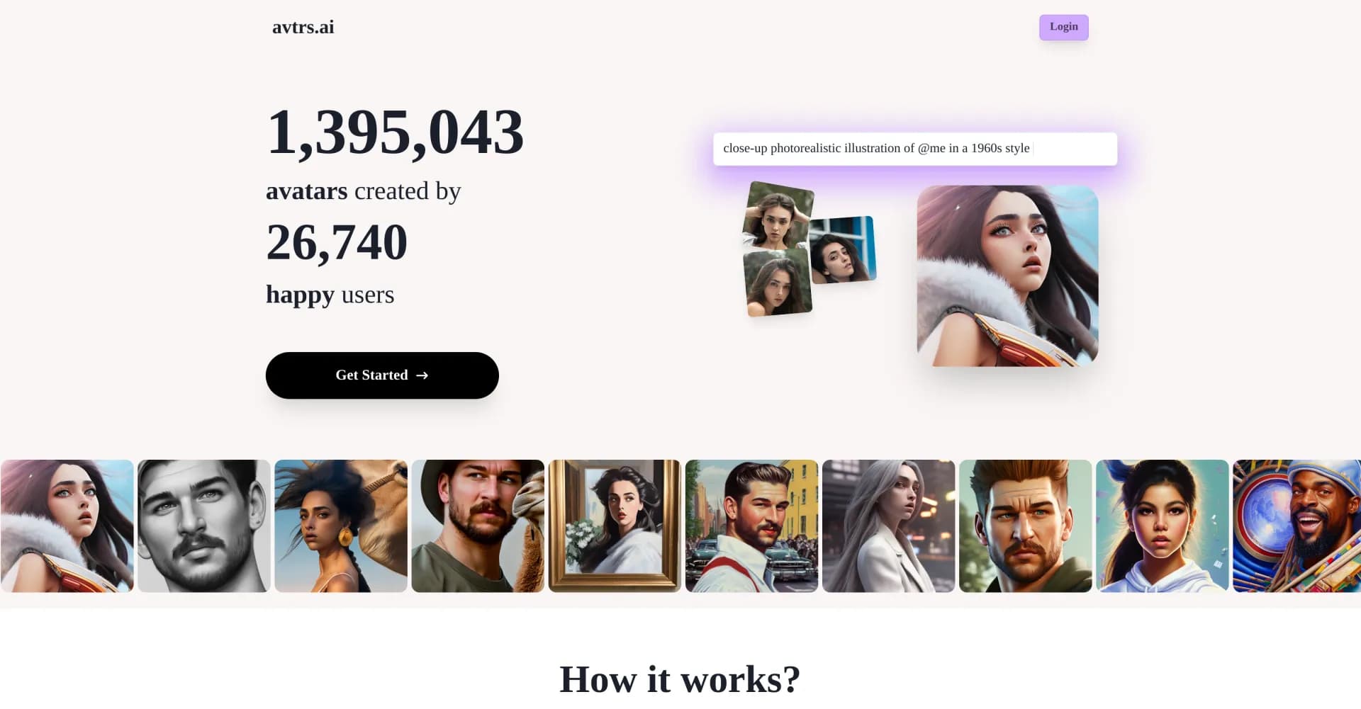 Avtrs homepage screenshot — Generate AI avatars that capture your unique style.