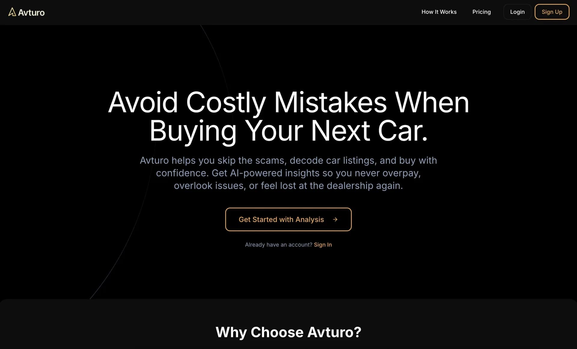 Avturo homepage screenshot — AI-powered car listing analysis for smarter decisions.