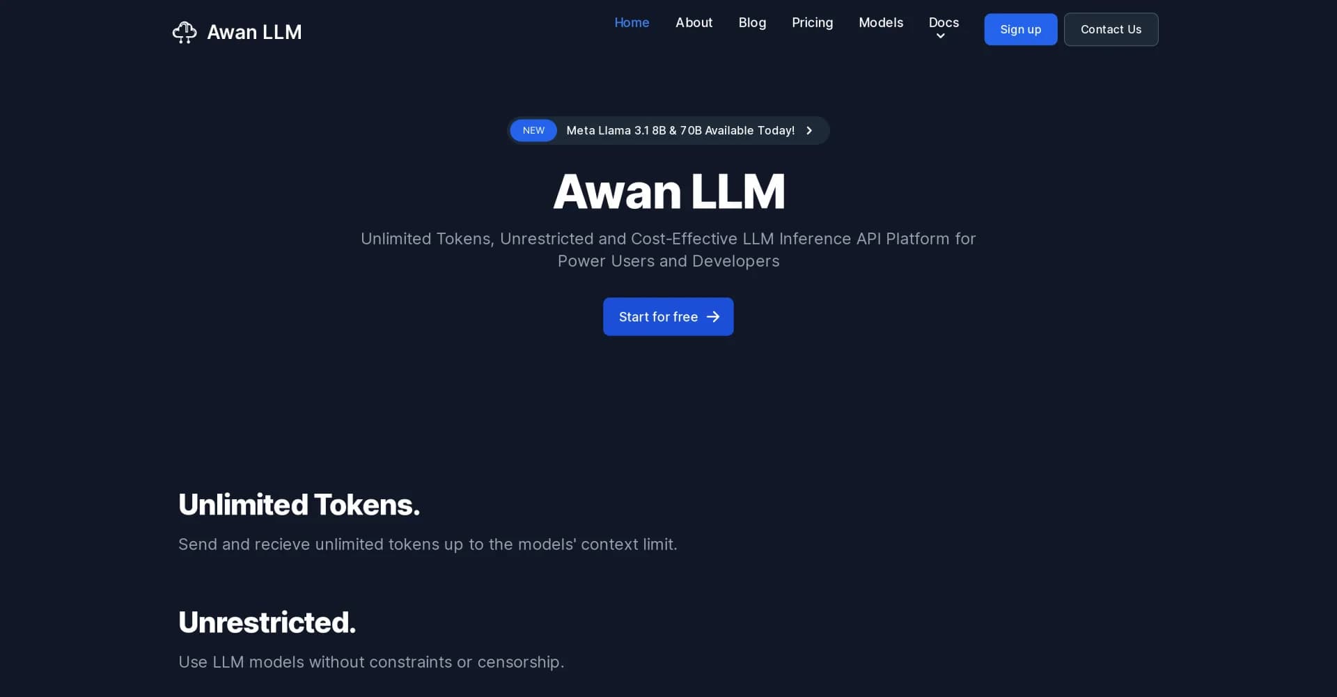 Awan LLM homepage screenshot — Unlimited, unrestricted LLM inference API for power users.