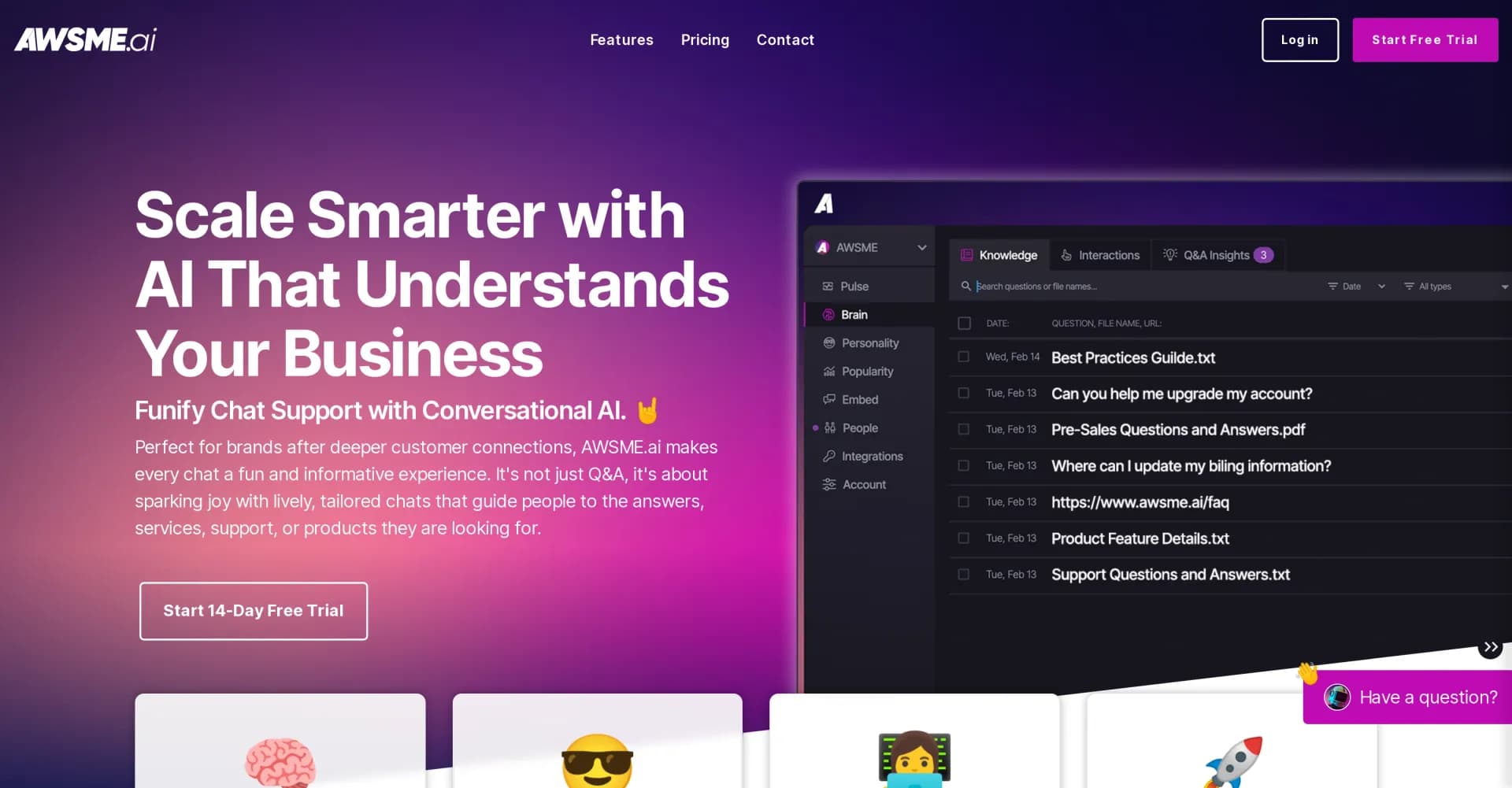 AWSME AI homepage screenshot — Funify chat support with conversational AI