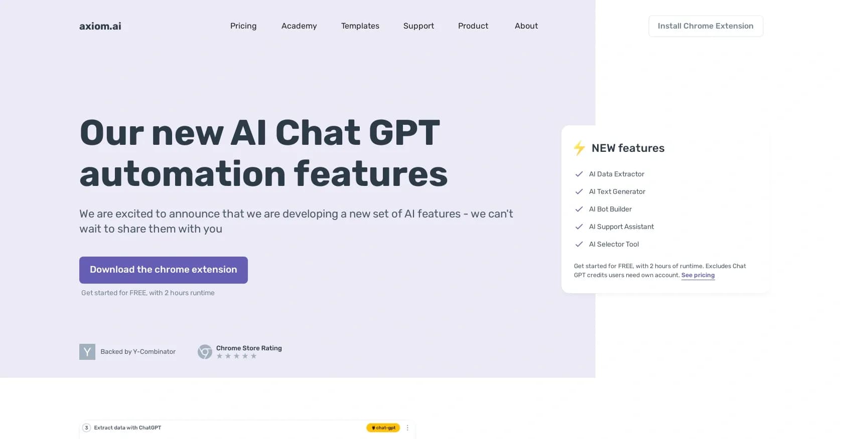 Axiom homepage screenshot — Automate web tasks with AI-powered tools.