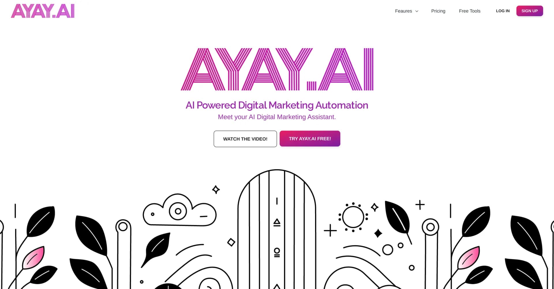 AYAY.AI homepage screenshot — AI-powered digital marketing automation for growing brands