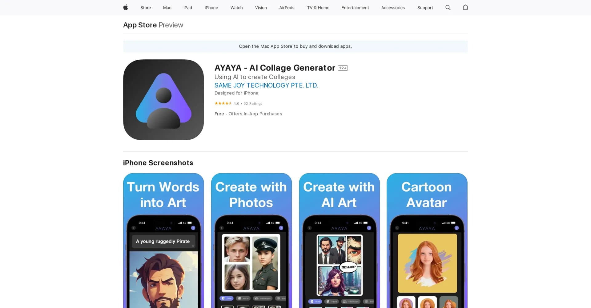 AYAYA - AI Collage Generator homepage screenshot — Transform your photos into cartoons.