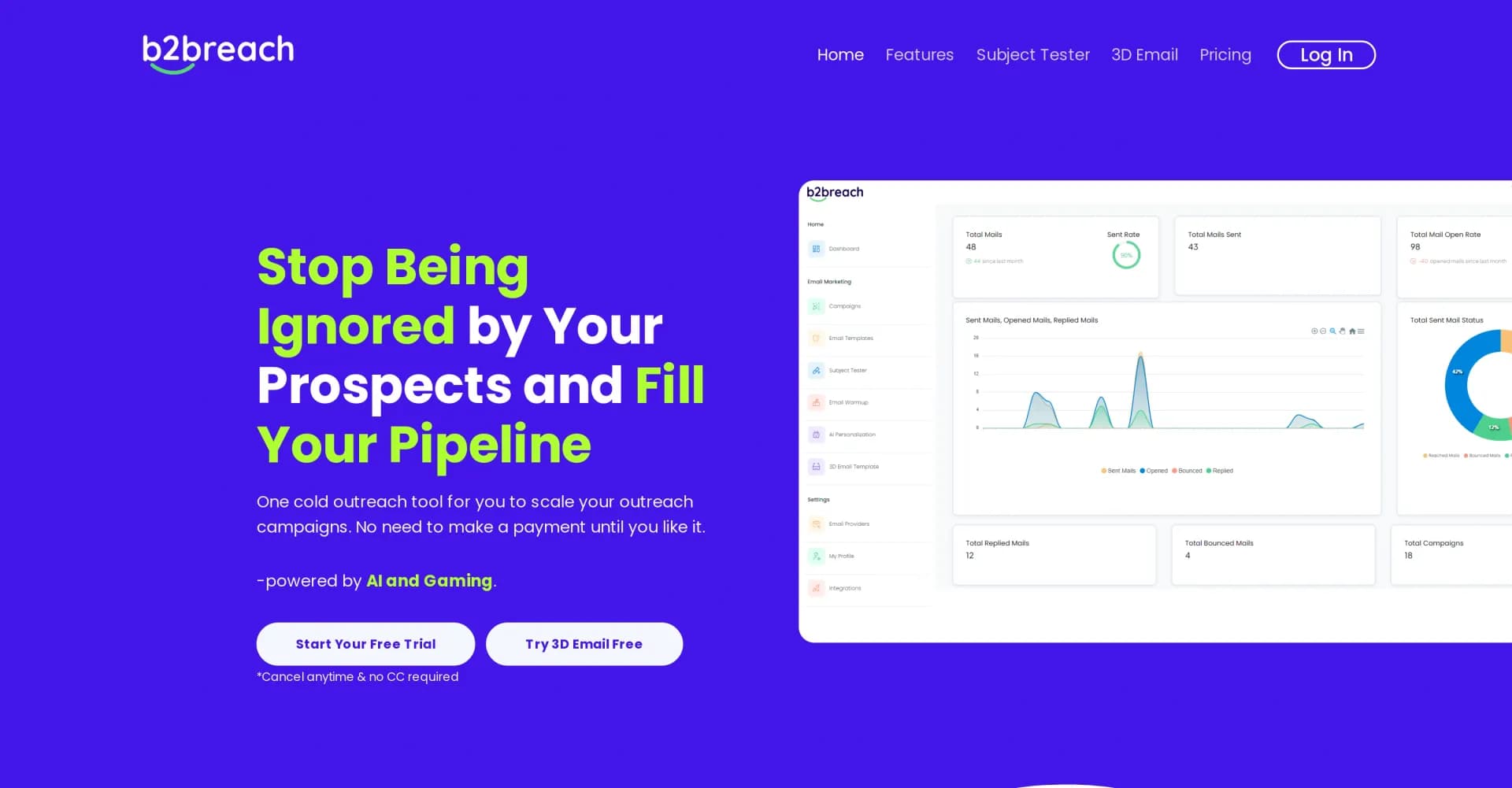 B2BReach homepage screenshot — Scale outreach campaigns with AI-powered cold email tool