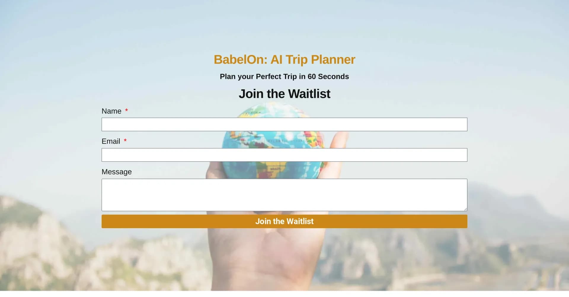 BabelOn homepage screenshot — Plan your perfect trip in 60 seconds.