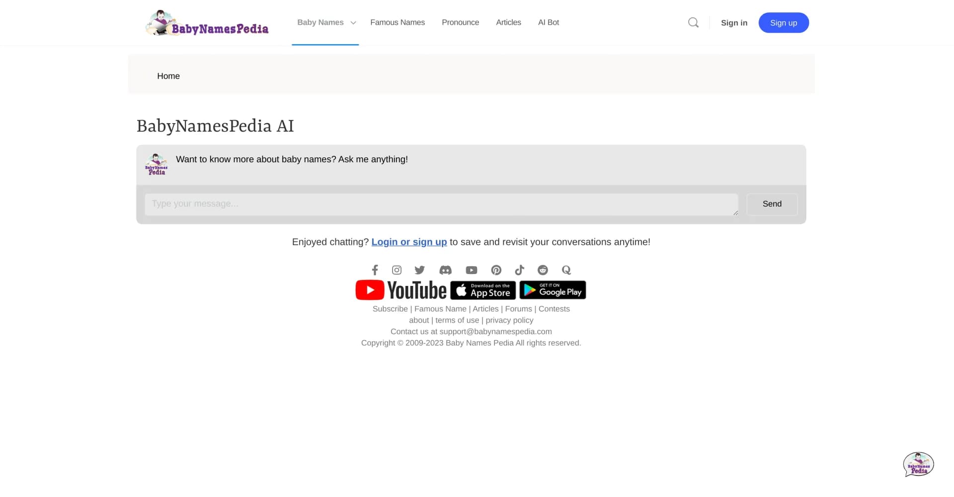BabyNamesPedia AI homepage screenshot — Discover the perfect name for your baby.