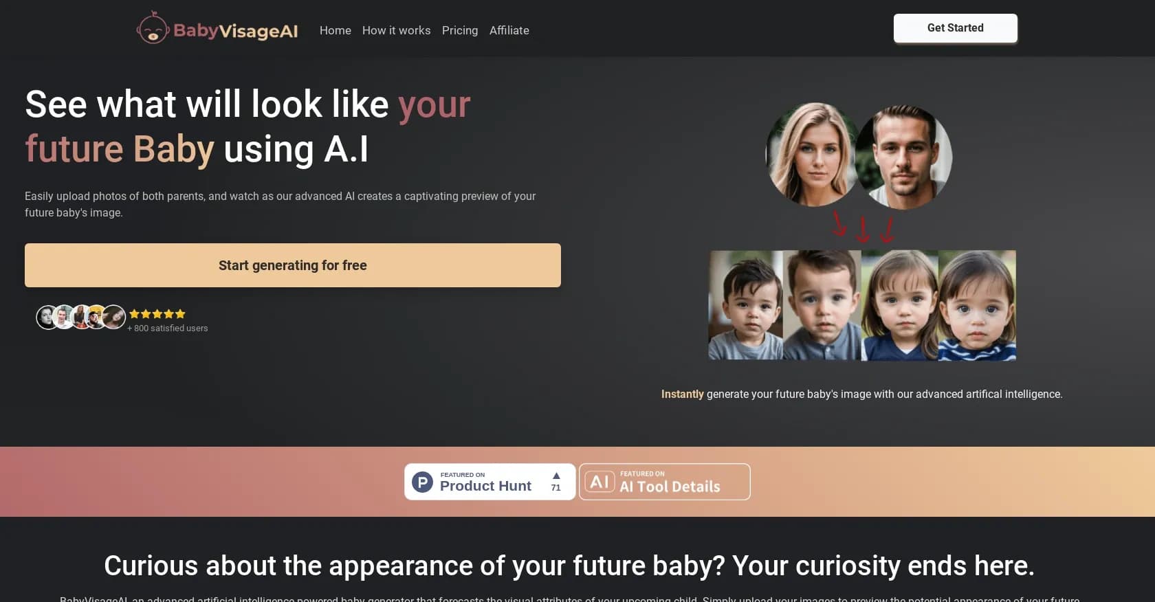BabyVisageAI homepage screenshot — Reveal your future baby's face with AI magic.