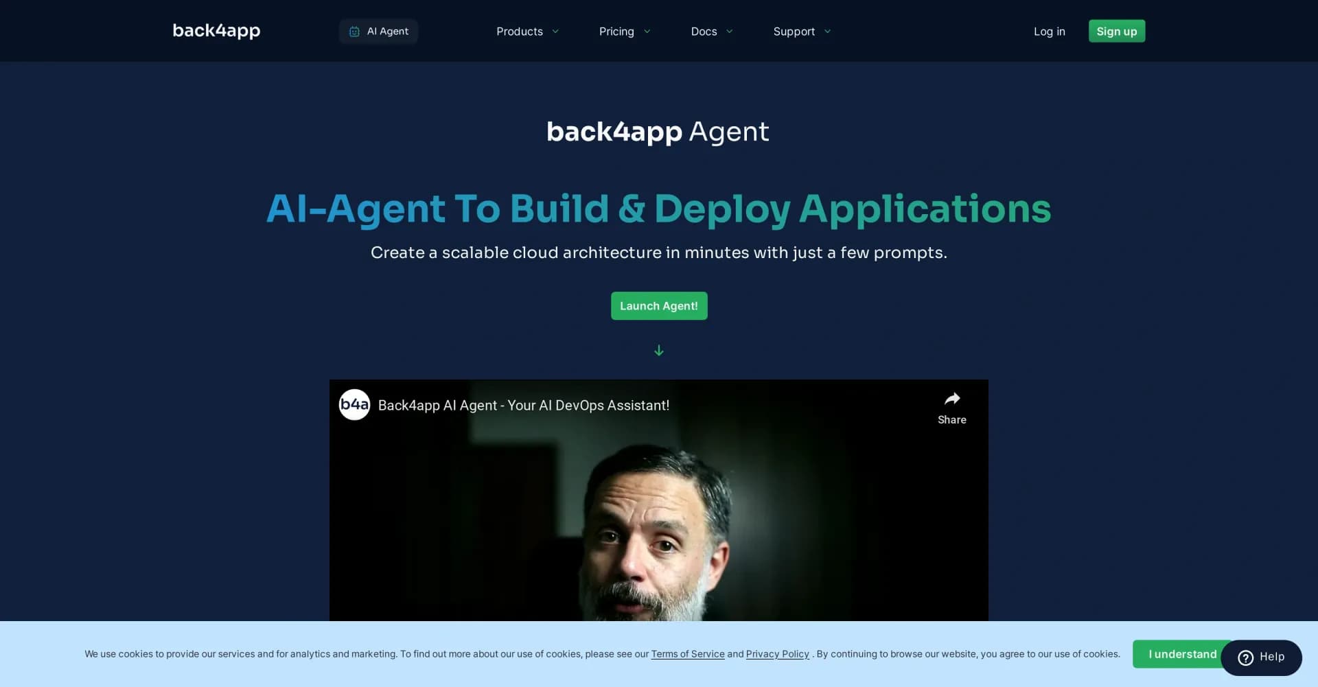 Back4app Agent homepage screenshot — Build modern apps with low-code backend solutions