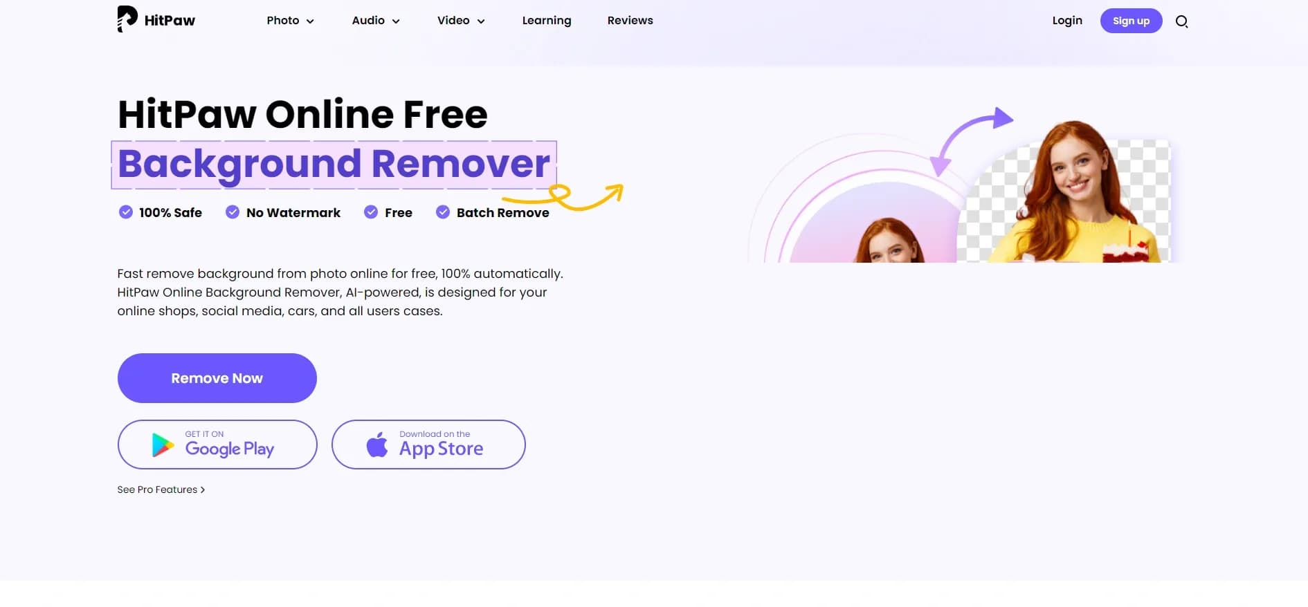 Background remover by Hitpaw homepage screenshot — Remove image backgrounds instantly online.