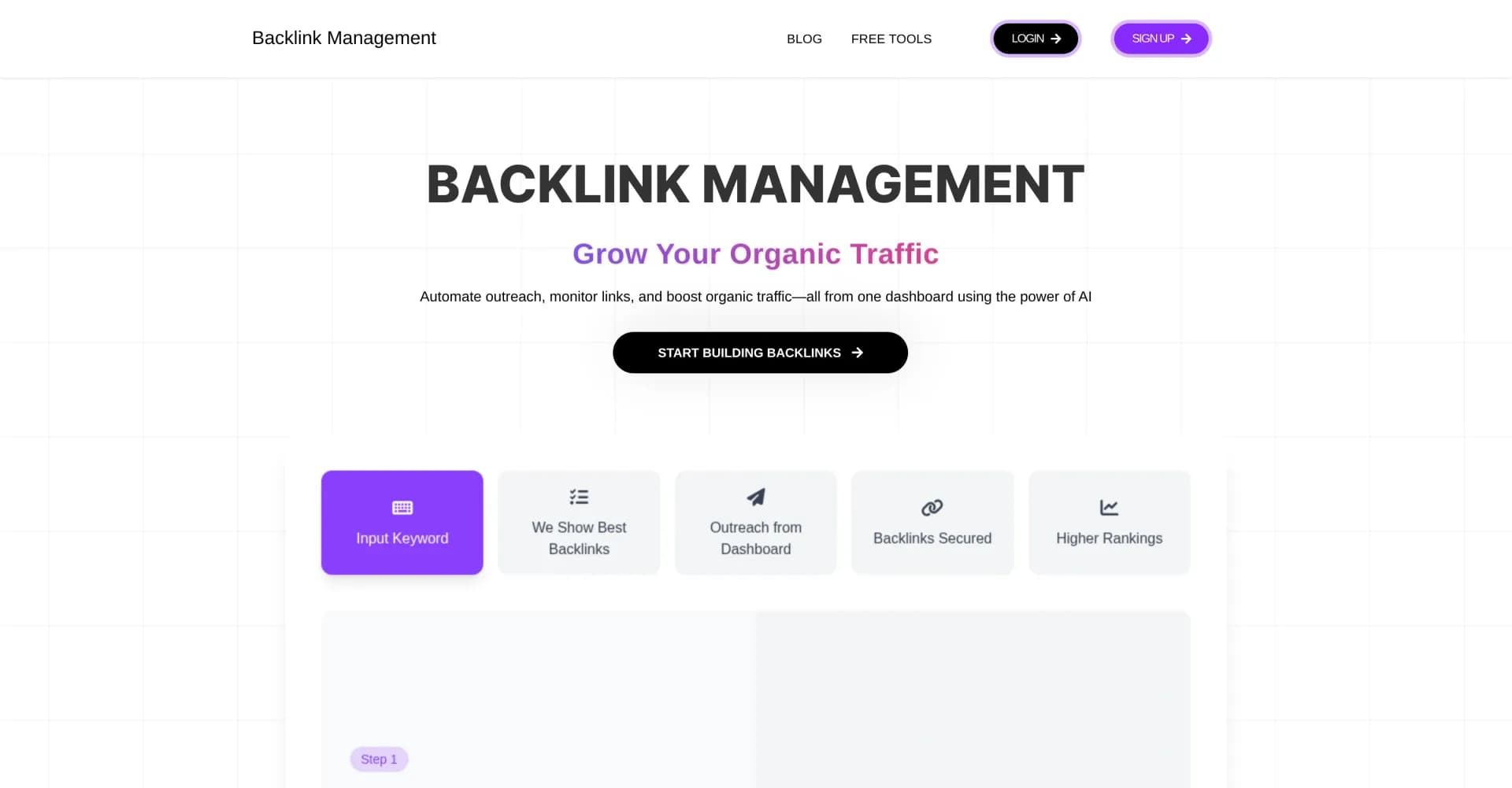 Backlink Management homepage screenshot — Grow organic traffic with AI-powered backlink management.