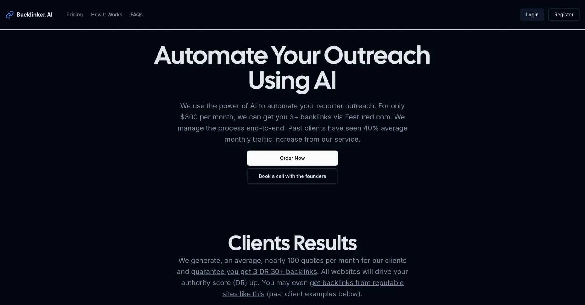 Backlinker.AI homepage screenshot — Automate reporter outreach for quality backlinks