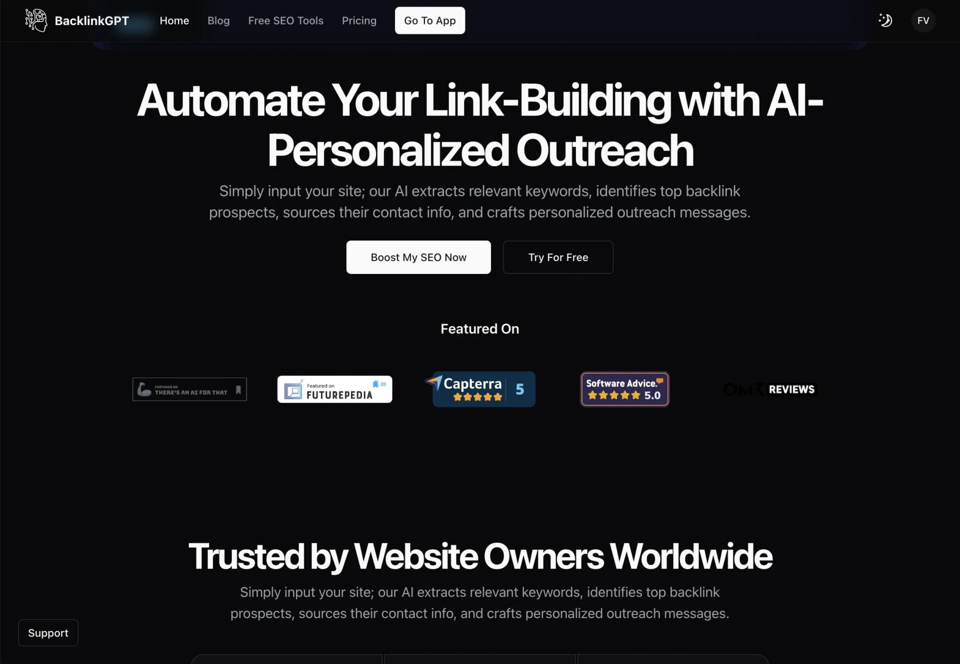 BacklinkGPT homepage screenshot — Automate Your Link-Building with AI-Personalized Outreach