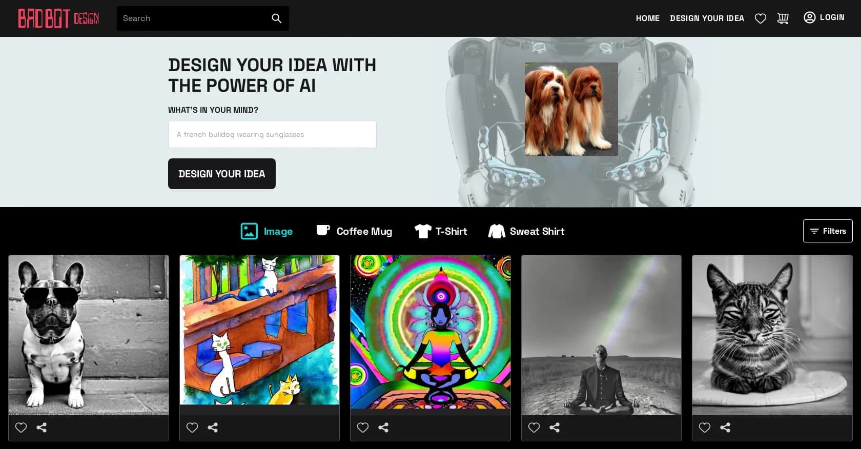 BadBotDesign homepage screenshot — Design unique products with AI-generated images