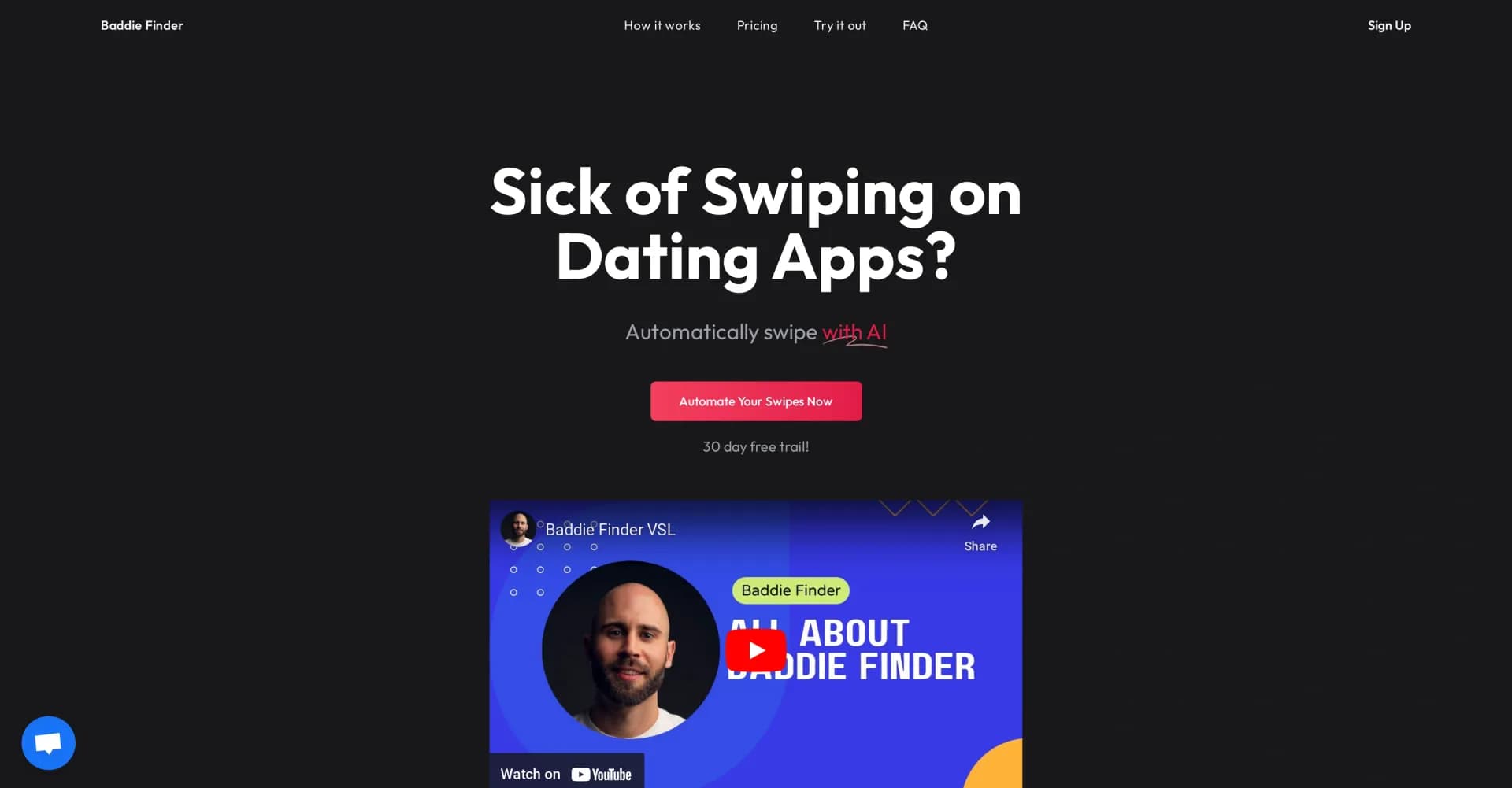 Baddie Finder homepage screenshot — AI-powered auto-swiping for dating apps