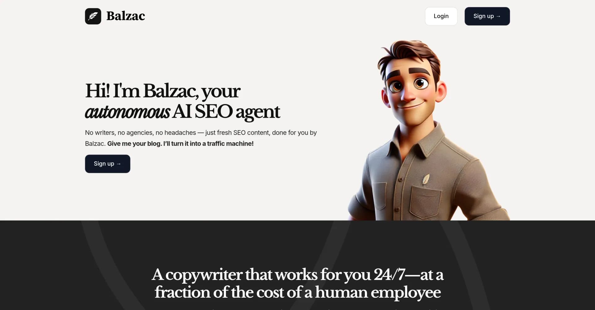 Balzac homepage screenshot — AI-powered SEO copywriter that works 24/7.