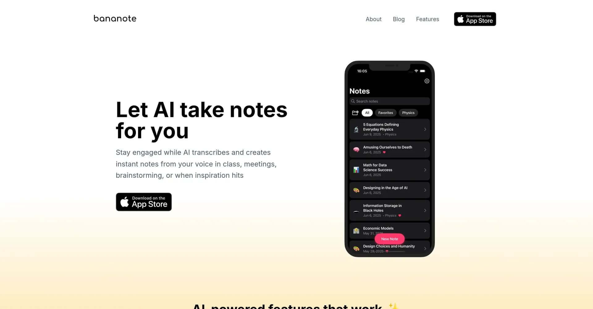 Bananote homepage screenshot — Let AI take notes for you